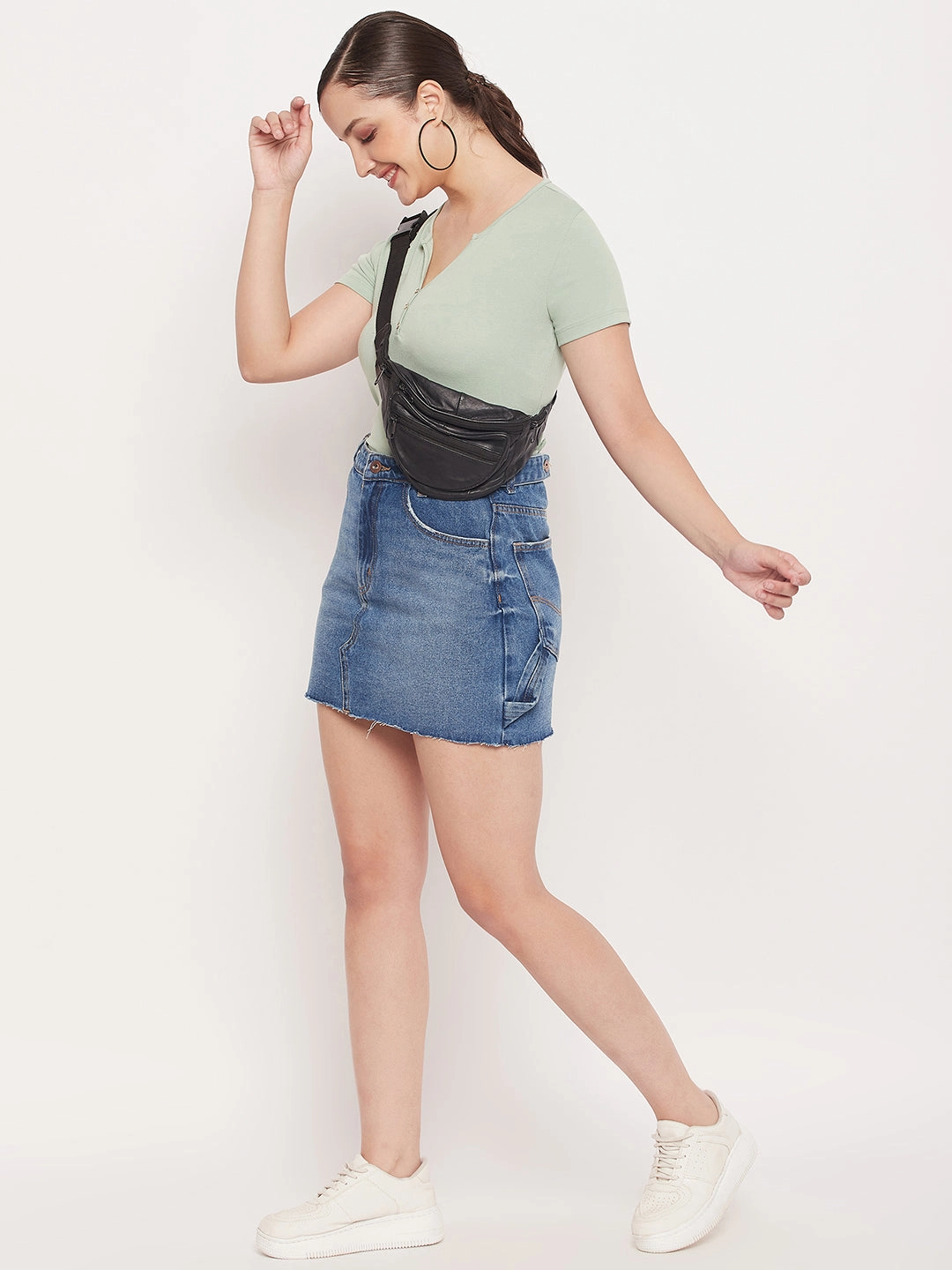 Low Profile Zipper Madame Green Deep V Neck Fitted Cotton T-shirt