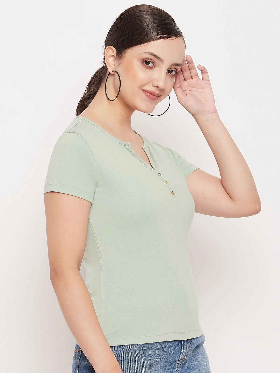 Anti Static Fabric Madame Green Deep V Neck Fitted Cotton T-shirt