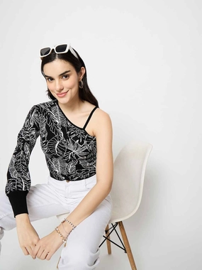 Madame Printed One Shoulder Black Knitted Top High Neck Design