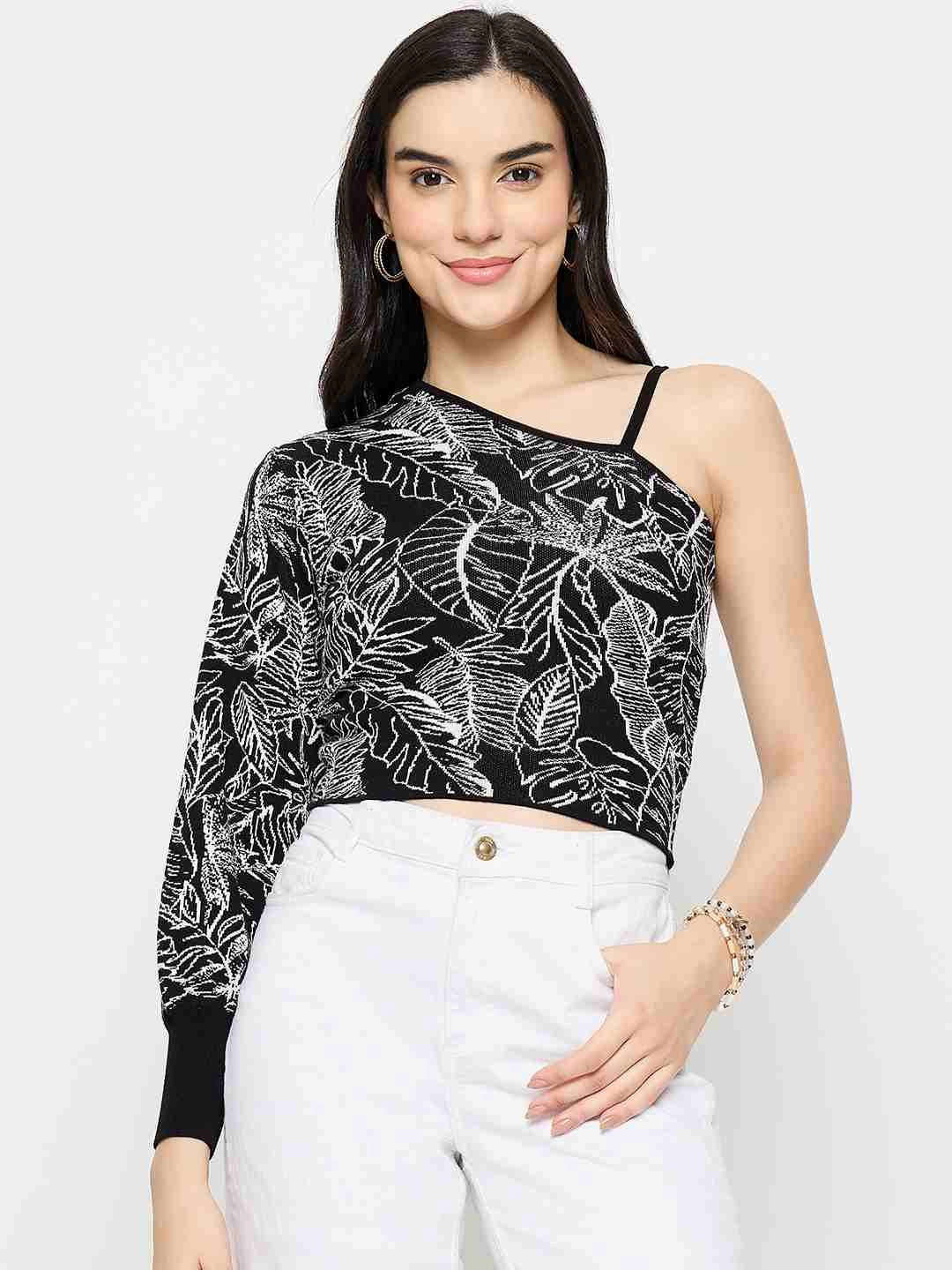 Madame Printed One Shoulder Black Knitted Top StretchKnit Relaxed Look