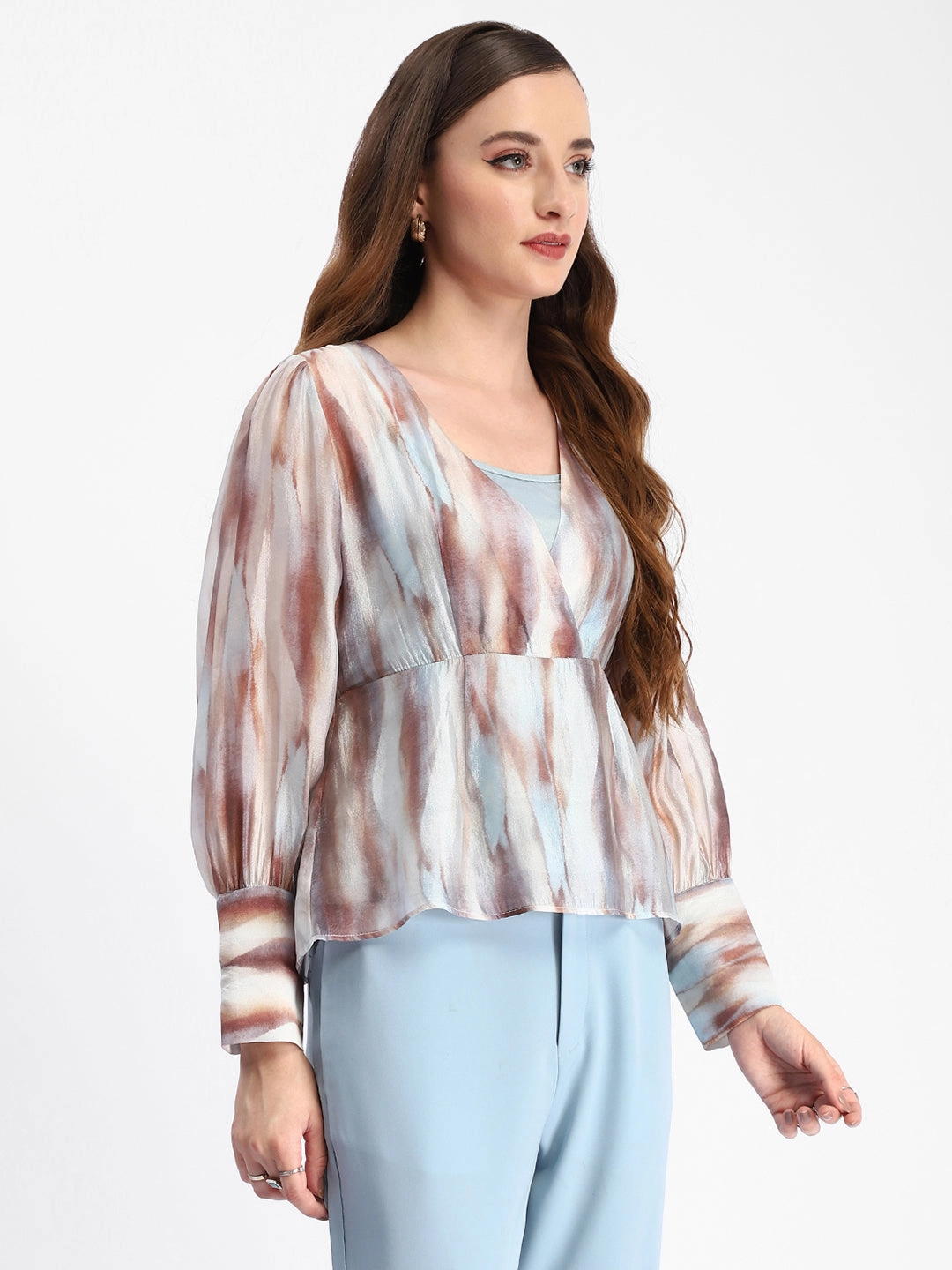 Madame Abstract Print Cuff Sleeved Sky Blue Peplum Top Quick-Dry Fabric ContrastStitching