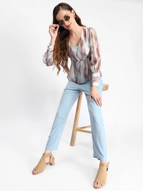 Microfiber Material Madame Abstract Print Cuff Sleeved Sky Blue Peplum Top