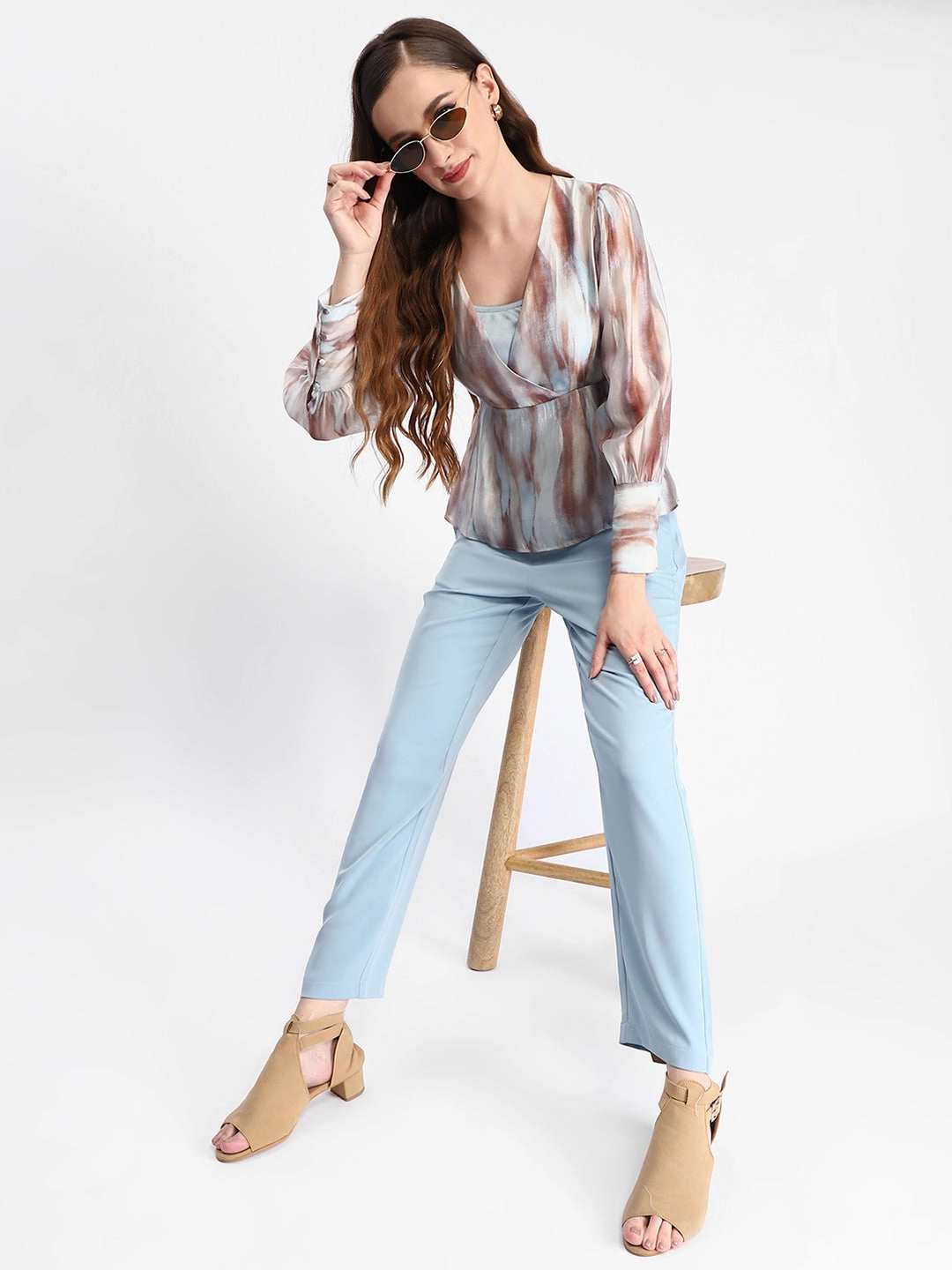 Microfiber Material Madame Abstract Print Cuff Sleeved Sky Blue Peplum Top