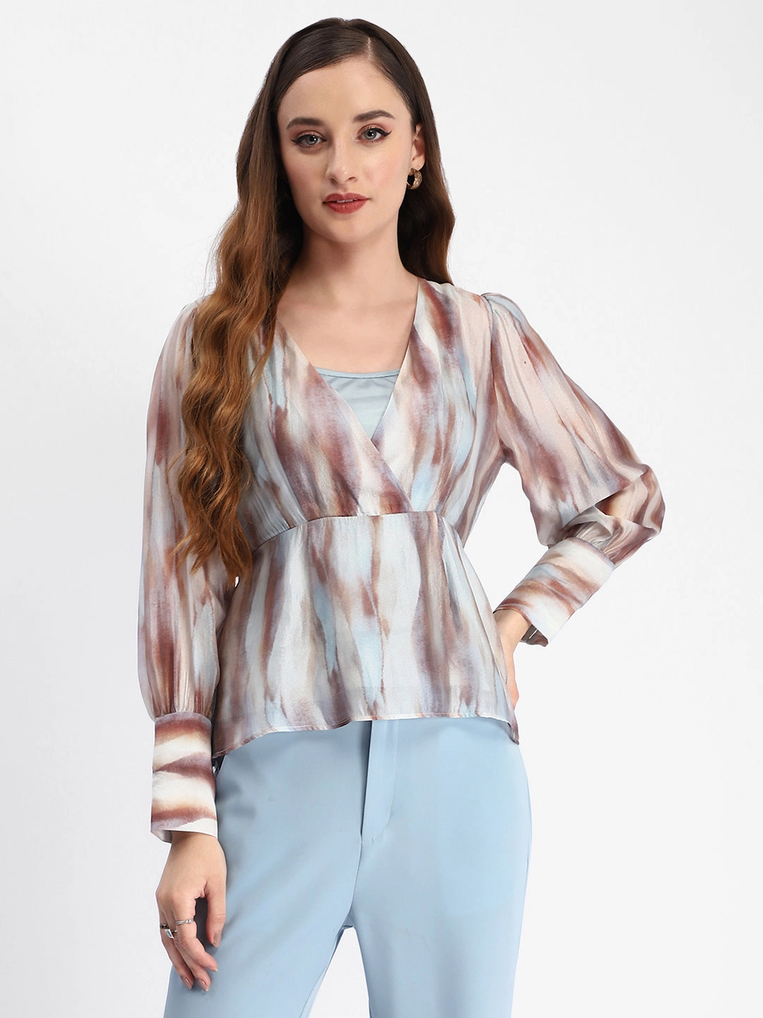 Madame Abstract Print Cuff Sleeved Sky Blue Peplum Top Temperature Regulating Fibers