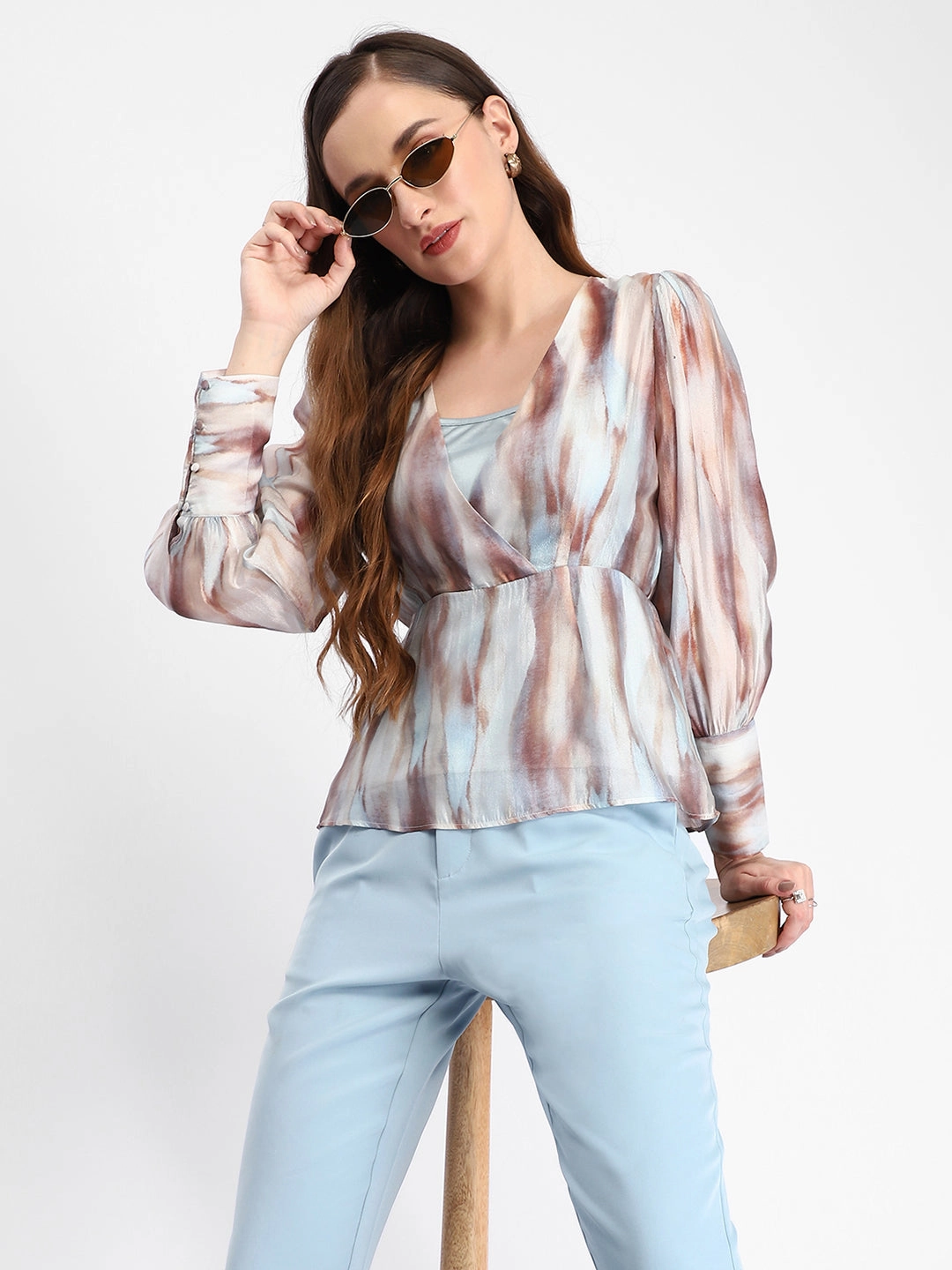 Lightweight Jacket Hot Weather Madame Abstract Print Cuff Sleeved Sky Blue Peplum Top