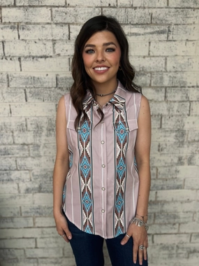 Laser Cut Edges L&B Mauve Retro 90's Pearl Snap Sleeveless Top