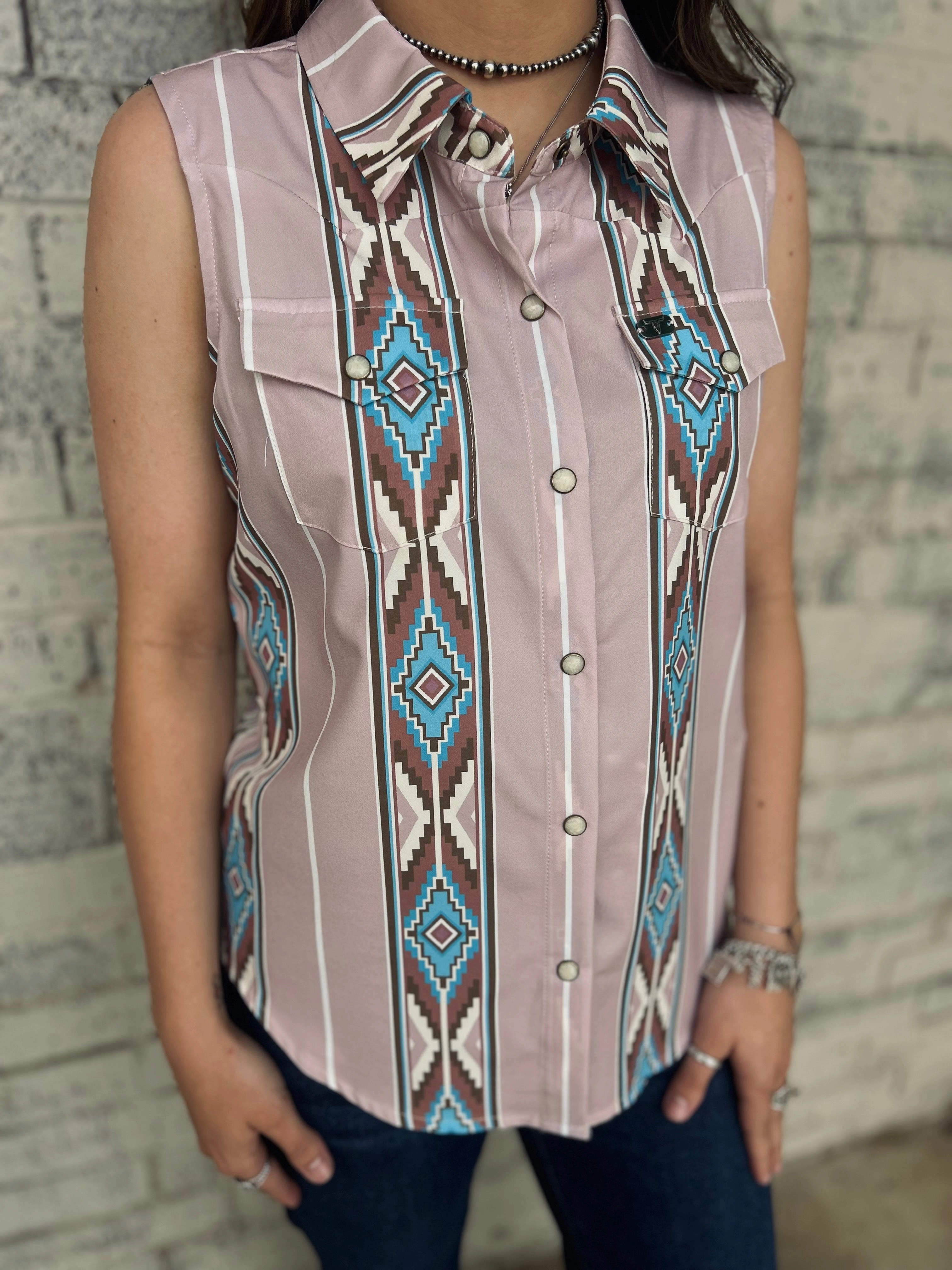 Flexible Waistband L&B Mauve Retro 90's Pearl Snap Sleeveless Top