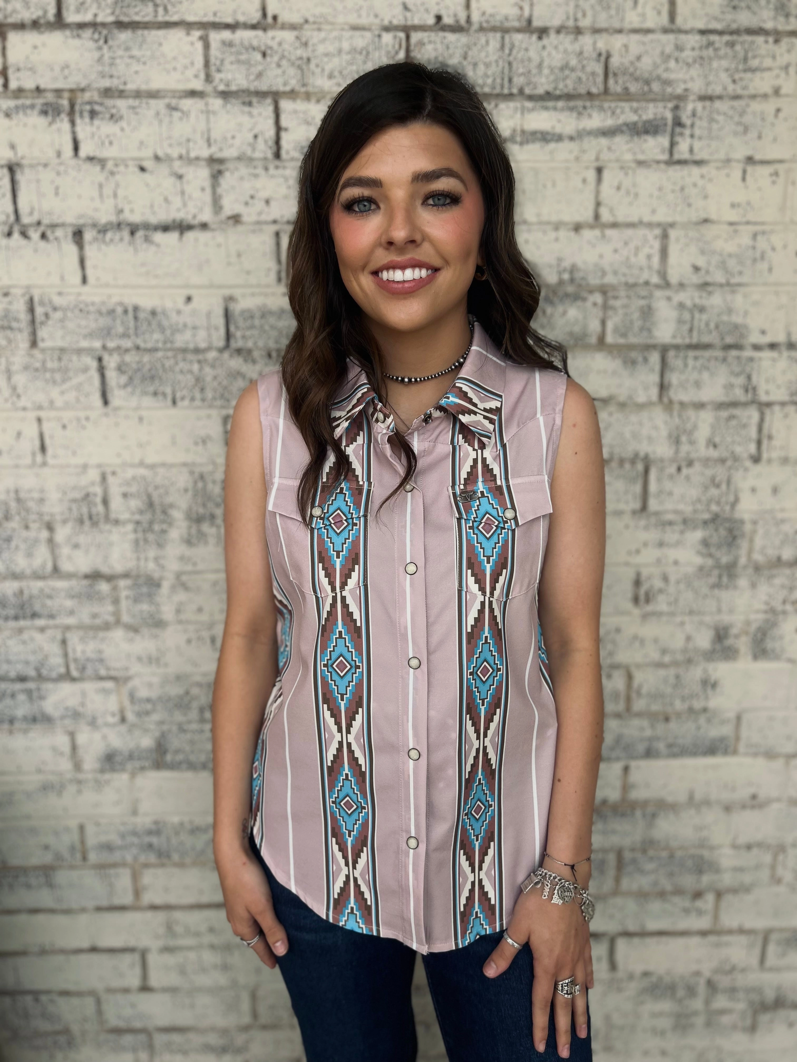 Laser Cut Edges L&B Mauve Retro 90's Pearl Snap Sleeveless Top