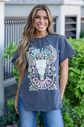 V neck elegance Comfy Wear Fit Zutter Long Live Country Cow Skull Graphic T-Shirt Ink